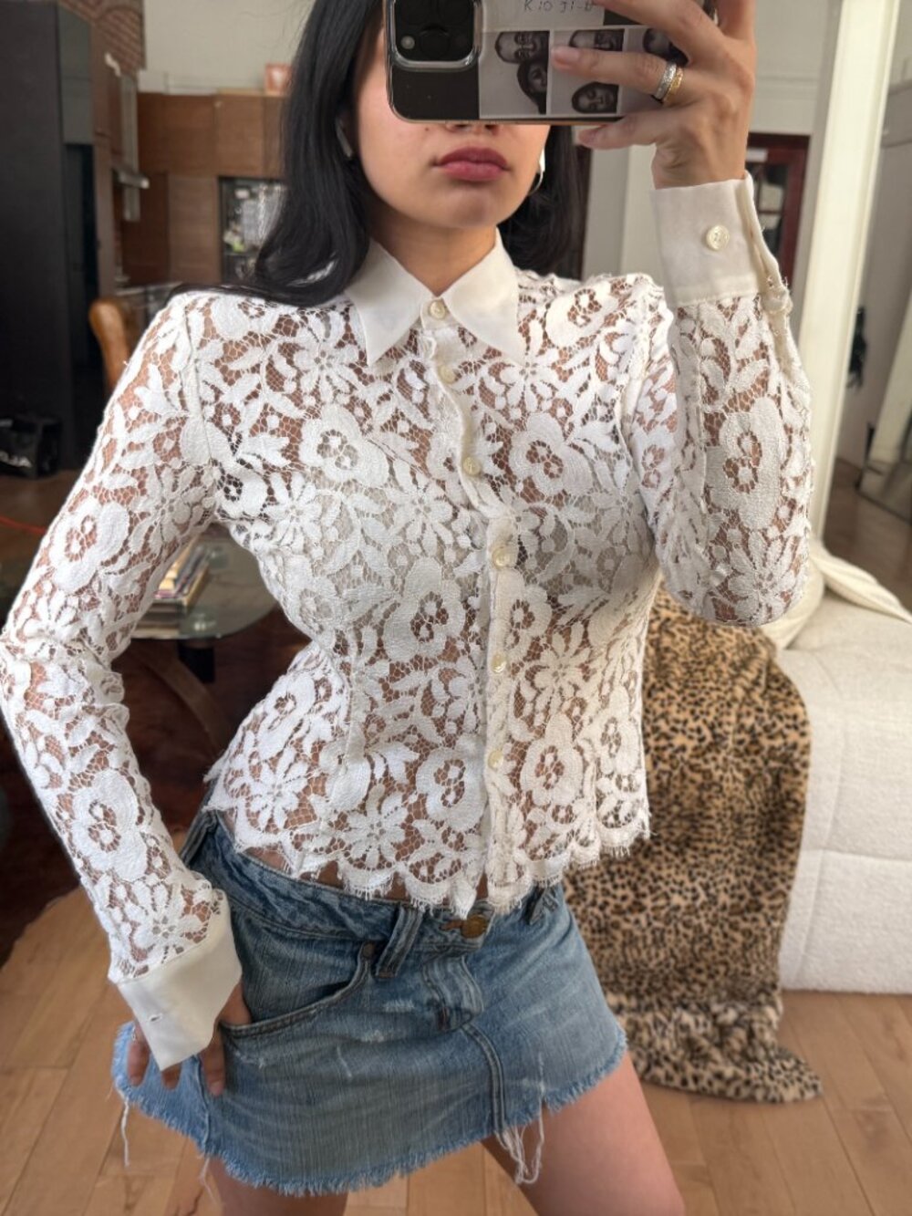 (SOLD)Ivory Lace Button Up Blouse XS/S Sheer Coquette